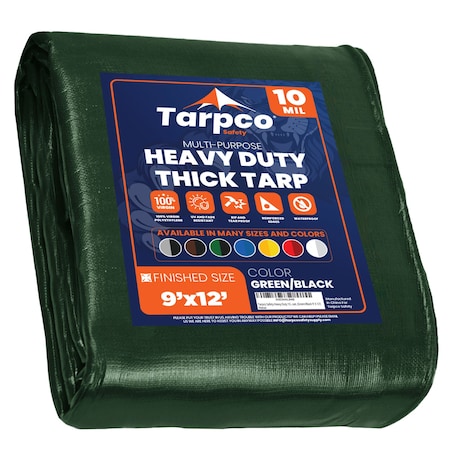 Tarpco Safety Heavy Duty Tarp, 12 ft L x 0.5 mm H x 9 ft W, 10 Mil, Green/Black, Polyethylene TS-153-9X12